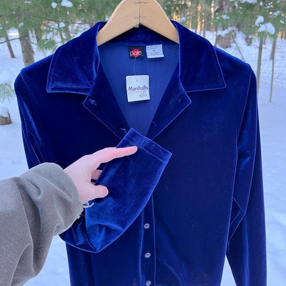 90s Pale Blue Velvet Button-Up Blouse Women’s Size M NWT - Picture 10 of 16